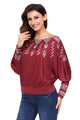 Sexy Red Printed Batwing Sleeve Skew Neck Blouse