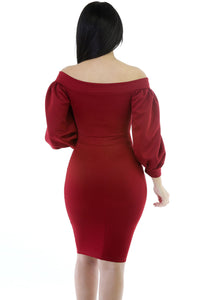 Sexy Red Puffs Peep Hole Off Shoulder Midi Bodycon Dress
