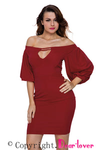 Sexy Red Puffs Peep Hole Off Shoulder Midi Bodycon Dress