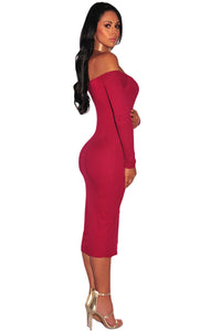 Sexy Red Ribbed Knit Off Shoulder Dress