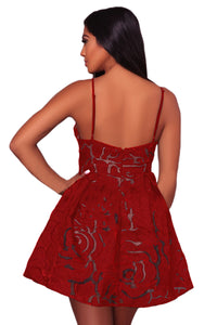 Sexy Red Rose Lace Illusion Sexy Skater Dress