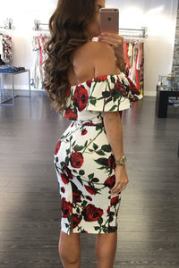 Sexy Red Rose Print Frilled Off Shoulder Boho Dress