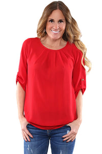 Sexy Red Ruched Detail Pin up Sleeve Front Blouse