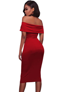 Sexy Red Ruched Off Shoulder Bodycon Midi Dress