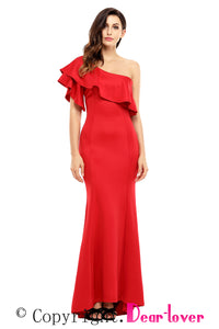 Sexy Red Ruffle One Shoulder Elegant Mermaid Dress