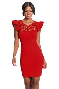 Sexy Red Ruffle Sleeves Lace Hollow Out Short Cocktail Dress