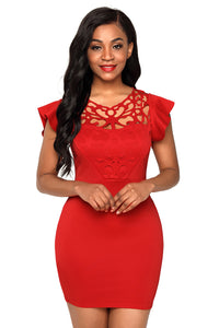 Sexy Red Ruffle Sleeves Lace Hollow Out Short Cocktail Dress
