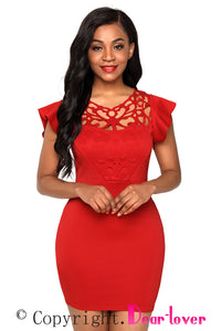 Sexy Red Ruffle Sleeves Lace Hollow Out Short Cocktail Dress
