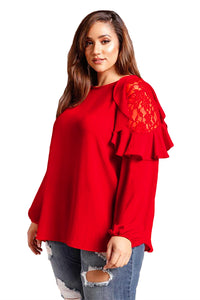 Sexy Red Ruffle Trim Lace Cold Shoulder Plus Size Blouse