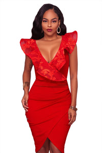 Sexy Red Ruffle V Neck Detail Midi Dress