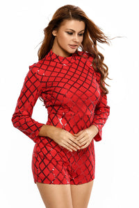 Sexy Red Sequins Long Sleeves Romper
