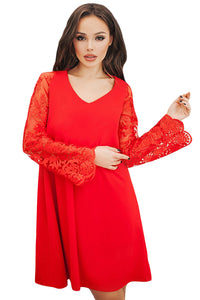 Sexy Red Sheer Floral Sleeve Swing Dress