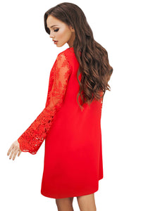 Sexy Red Sheer Floral Sleeve Swing Dress