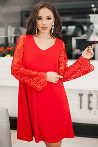 Sexy Red Sheer Floral Sleeve Swing Dress