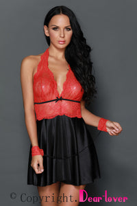 Sexy Red Sheer Lace Bodice 3pcs Satin Flare Babydoll