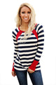 Sexy Red Splice Accent Navy White Striped Long Sleeve Shirt
