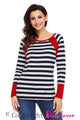 Sexy Red Splice Accent Navy White Striped Long Sleeve Shirt