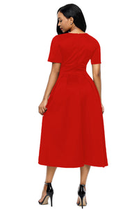 Sexy Red Split Neck Short Sleeve Midi Dress with Bowknots