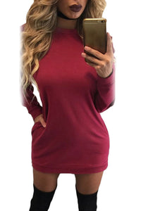 Sexy Red Sporty Long-Hollow-Sleeves Cotton Shift Dress