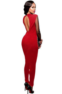Sexy Red Steampunk Studded Pattern Mesh Insert Jumpsuit