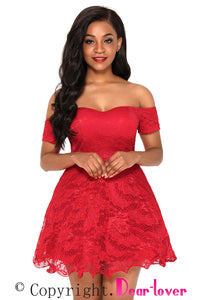Sexy Red Strapless Drop Shoulder Lace Skater Dress