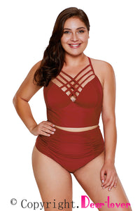 Sexy Red Strappy Neck Detail High Waist Swimsuit