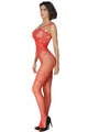 Sexy Red Strappy Shoulders Floral Motif Mesh Body Stockings