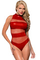 Sexy Red Striped Mesh Cutout Wet Look Teddy