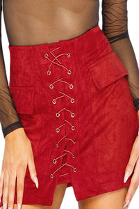 Sexy Red Suede Lace Up Front Mini Skirt
