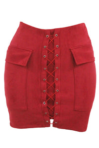 Sexy Red Suede Lace Up Front Mini Skirt