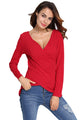Sexy Red V-Neck Asymmetrical Long Sleeve Pure Color T Shirt