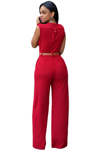 Sexy Red V Neck Belt Embellished Jumpsuit