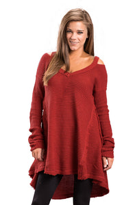 Sexy Red V Neck Waffle Knit Sweater