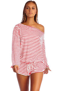 Sexy Red White Batwing Stripe Cover-Up Romper