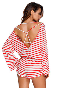 Sexy Red White Batwing Stripe Cover-Up Romper