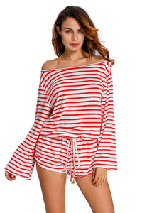 Sexy Red White Batwing Stripe Cover-Up Romper