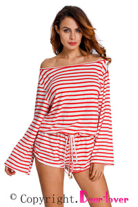 Sexy Red White Batwing Stripe Cover-Up Romper