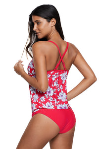 Sexy Red White Floral Tankini 2pcs Bathing Suit