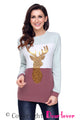 Sexy Red White Grey Colorblock Gold Reindeer Top