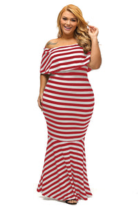 Sexy Red White Striped Ruffle Tube Plus Size Maxi Dress