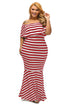 Sexy Red White Striped Ruffle Tube Plus Size Maxi Dress