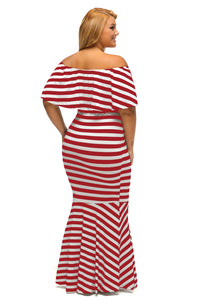 Sexy Red White Striped Ruffle Tube Plus Size Maxi Dress