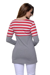 Sexy Red White Stripes Color Block Long Sleeve Blouse Top