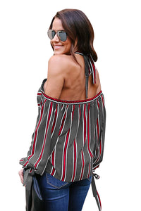 Sexy Red White Stripes Grey Cold Shoulder Blouse