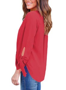 Sexy Red Womens V Neck Ruched Tie Sleeve Top