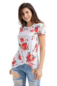 Sexy Reddish Floral Short Sleeve Knot Top