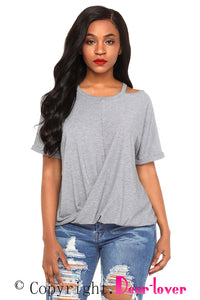 Sexy Relaxing Fit Cold Shoulder Knotted Top in Gray