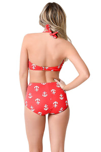 Sexy Retro 1950s Red Anchors Halter Sailor High Waist Swimwear