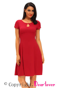 Sexy Retro Red Short Sleeve Keyhole Flare Dress