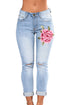 Sexy Rose Embroidered Knee Distress Light Wash Skinny Jeans